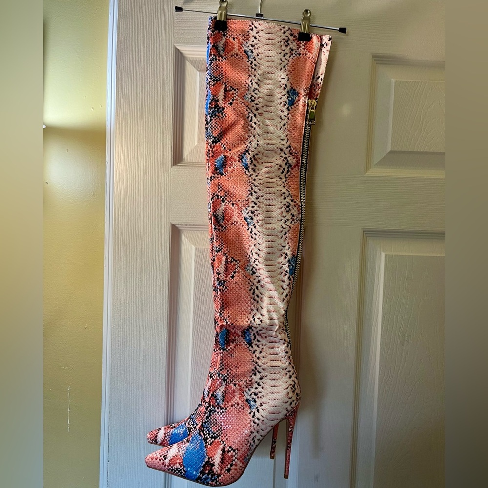 Snakeskin Thigh-High Stiletto Boots